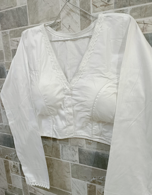 white cotton silk v cut full sleeves with less | front side hook  fabric lace work work party wear 