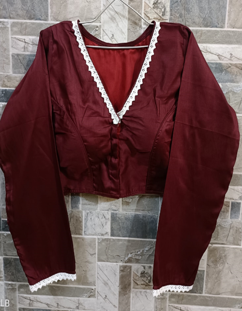 maroon cotton silk v cut full sleeves with less | front side hook  fabric lace work work casual 