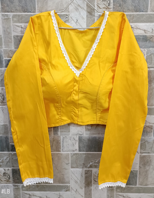 yellow cotton silk v cut full sleeves with less | front side hook  fabric lace work work party wear 