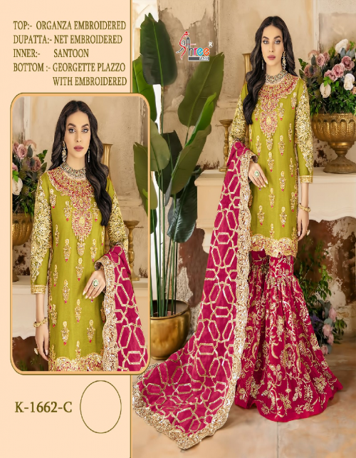 parrot green top - organza embroidered | dupatta - net embroidered | inner - santoon | bottom - georgette plazzo with embroidered fabric embroidery work ethnic 
