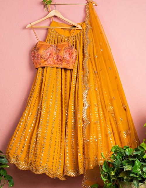 mustard lehenga - malai sattin silk | work - fancy thread & sequins embroidery work | stitching - stitched with canvas | length - 41 | flair - 3  meter | inner - creap milk | blouse - malai sattin silk | work - fancy digital print work | blouse size - 36 to 42 (unstitched) | dupatta - nylone mono net | work - fancy sequins lace embroidery work (master copy) fabric sequence work wedding 