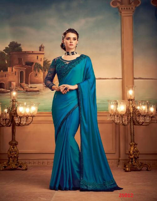 sky blue saree - silk , chiffon (6.30 mtrs apx) | blouse - net,silk  fabric embroidery  work festive 