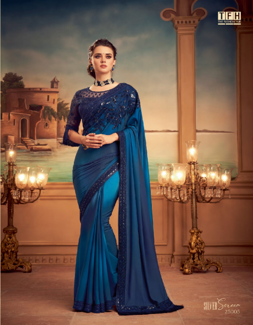 navy blue saree - silk , chiffon (6.30 mtrs apx) | blouse - net,silk  fabric embroidery  work wedding 