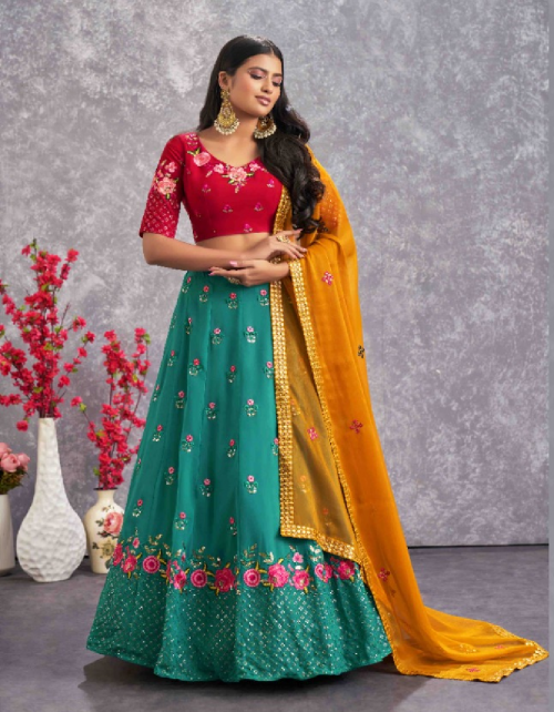 firozi blue lehenga / choli - georgette  | lehenga belt work - thread with sequence embroidered and mirror work (length - 42 inch )(semi stitched)| choli work - thread with sequence embroidered work (length - 1 mtr) (unstitched) | dupatta - georgette | dupatta work - thread work sequence ,embroidered and mirror work (length - 2.30 mtr)  | size - upto 42 bust and waist  fabric embroidery  work festive 