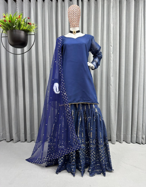 navy blue top - georgette | inner - crepe | dupatta - soft net (2.20 meter) | sharara - georgette (upto 44 full stitch with elastic ) fabric embroidery with sequence  work wedding 