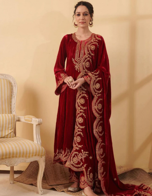 red gown - heavy viscose velvet with heavy embroidery work with long sleeves with work | inner - micro cotton | size - upto 42 xl free size (ready to wear) | flair - 3 mtr | length - 40 - 41 inches | bottom - soft viscose velvet (ready to wear free size) | dupatta - heavy viscose velvet with embroidery work with heavy embroidery lace border  fabric embroidery  work festive 