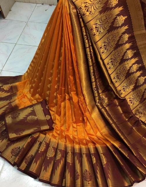 orange + coffee nylon silk  fabric golden printed work party wear 