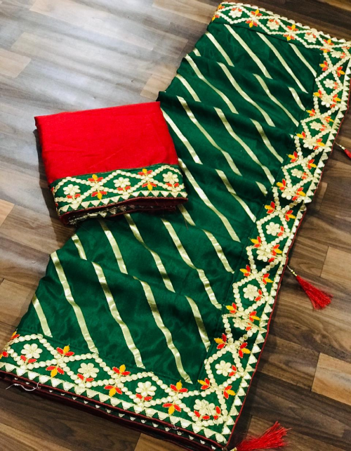 green saree -dola silk |blouse -banglori  fabric gotta patti work festive  