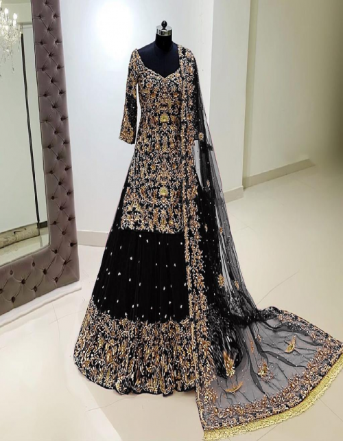 black lehenga -georgette with embroidery |inner -satin silk |dupatta -georgette |waist -44+ |length 42 |flair -2.40m | type -semi stitched fabric embroidery work party wear  