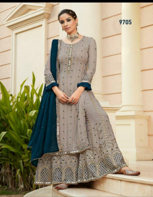 grey top -heavy fox georgette embroidery mirror with santoon inner length 43 to 44 size max upto 58 | palazzo -georgette with santoon inner |dupatta -fox georgette mirror work |  type -semi stitched   fabric wembroidery mirror work ethnic 