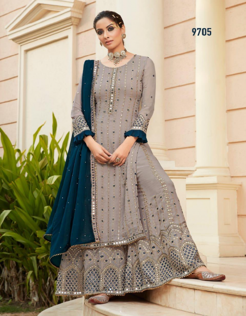 grey top -heavy fox georgette embroidery mirror with santoon inner length 43 to 44 size max upto 58 | palazzo -georgette with santoon inner |dupatta -fox georgette mirror work |  type -semi stitched   fabric wembroidery mirror work ethnic 