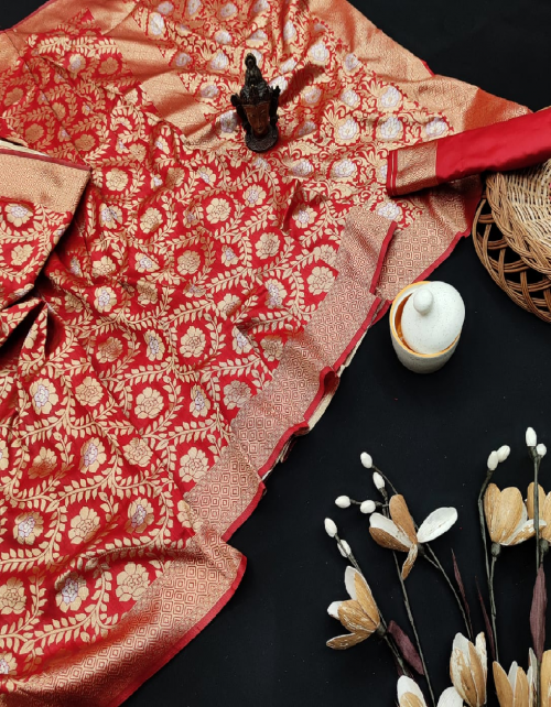 red soft lichi silk fabric weaving jacqaurd  work festive  